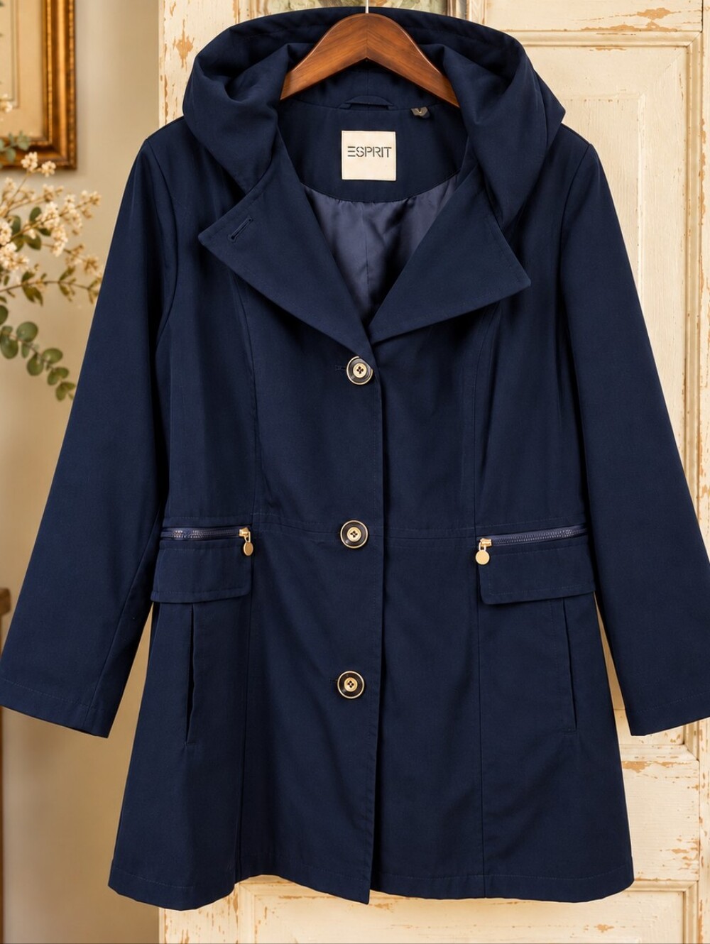 Esprit Navy Hooded Trench Coat 2X Plus Size Fully Lined Zip Pockets